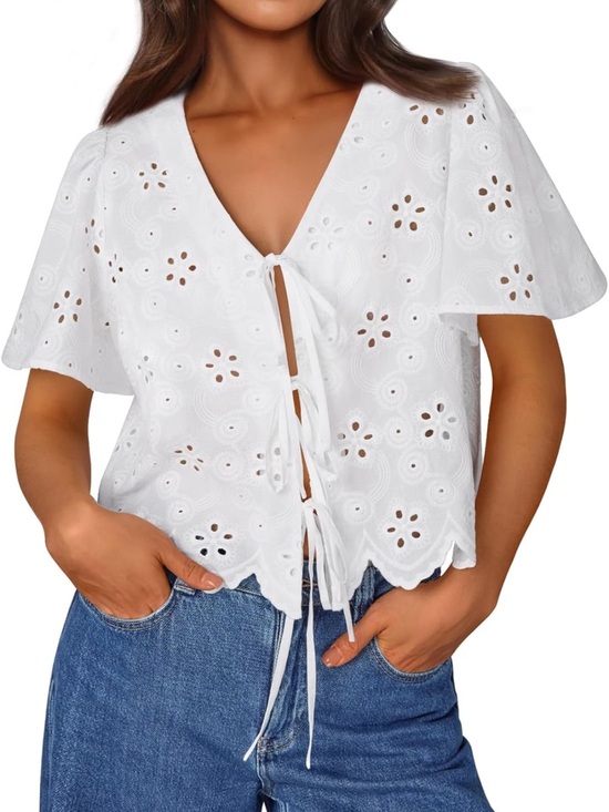 Tops - NWT Women's White Eyelet Tie-Front Top